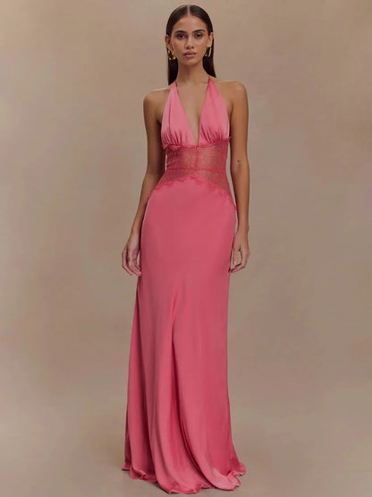 Lace Halter Maxi Dress – Deep V Back