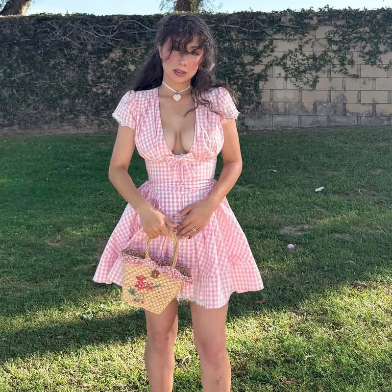 Women's Lightweight A-Line Mini Dress | Cute Bow V-Neck Summer Dress