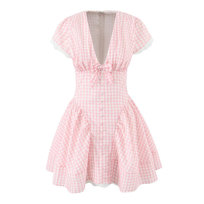 A-Line Bow Mini Dress – V-Neck