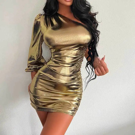 Women's Metallic Bodycon Mini Dress | Elegant One-Shoulder Cocktail Dress