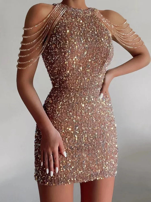 Women's Sequined Bodycon Mini Dress | Elegant Off-Shoulder Spring Cocktail Dress