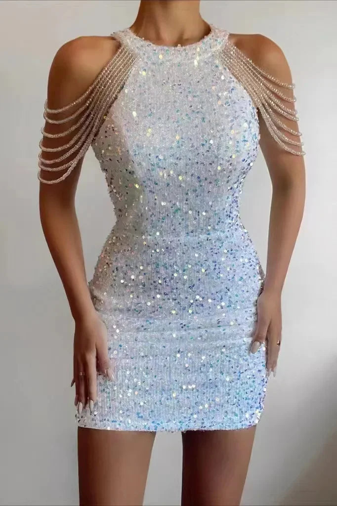 Women's Sequined Bodycon Mini Dress | Elegant Off-Shoulder Spring Cocktail Dress