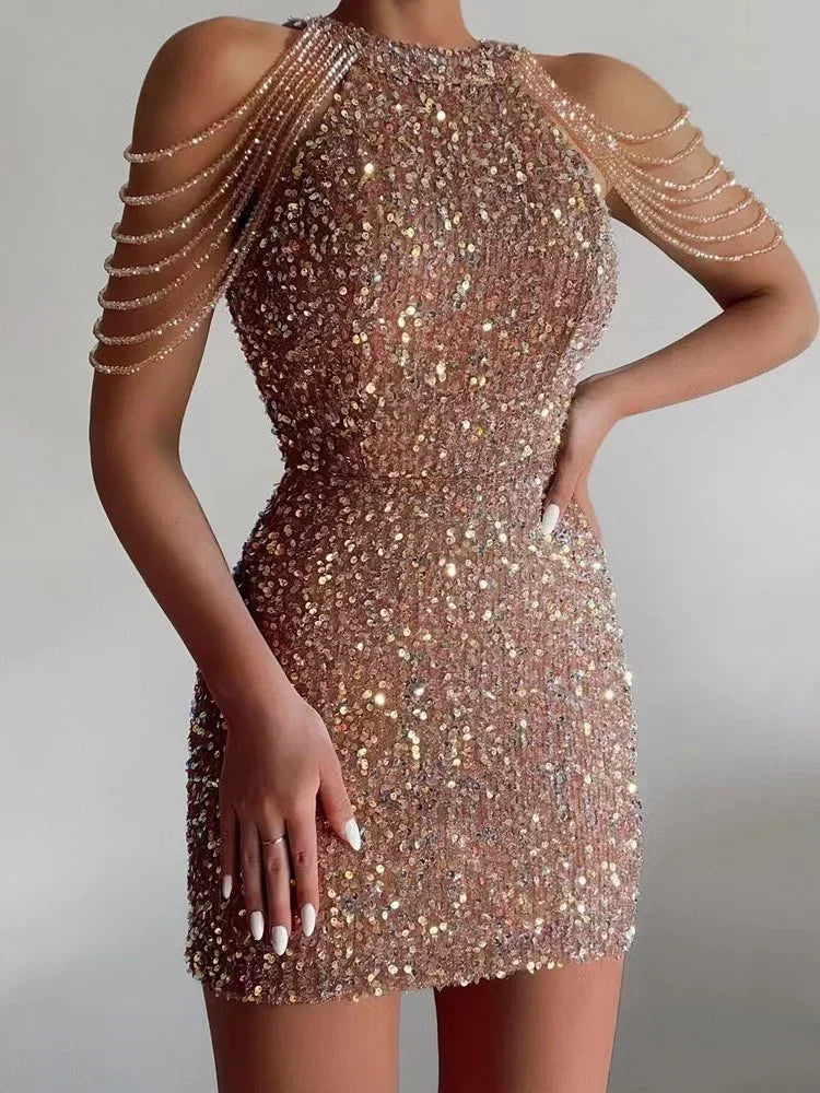 Women's Sequined Bodycon Mini Dress | Elegant Off-Shoulder Spring Cocktail Dress