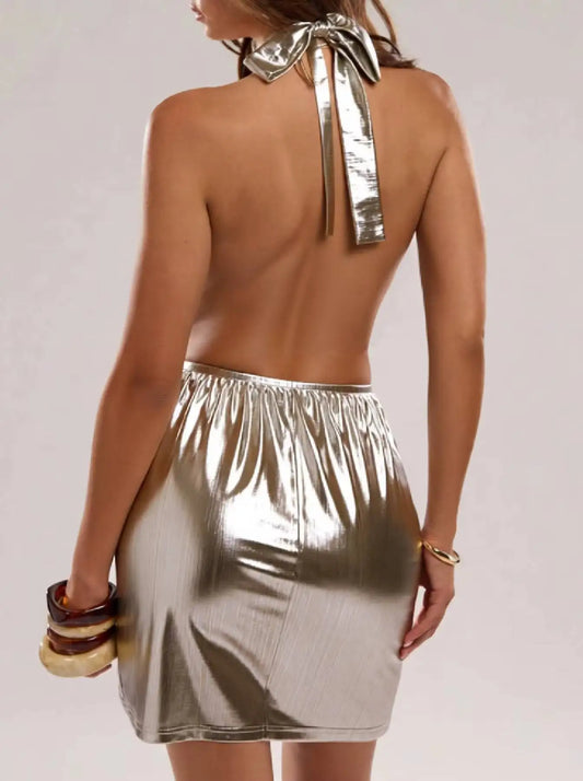 Metallic Halter Mini Dress – Twist Front