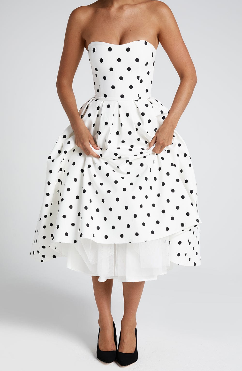 Women's Stretch Bengaline Midi Dress | Vintage Black Polka Dot Cocktail Dress 3