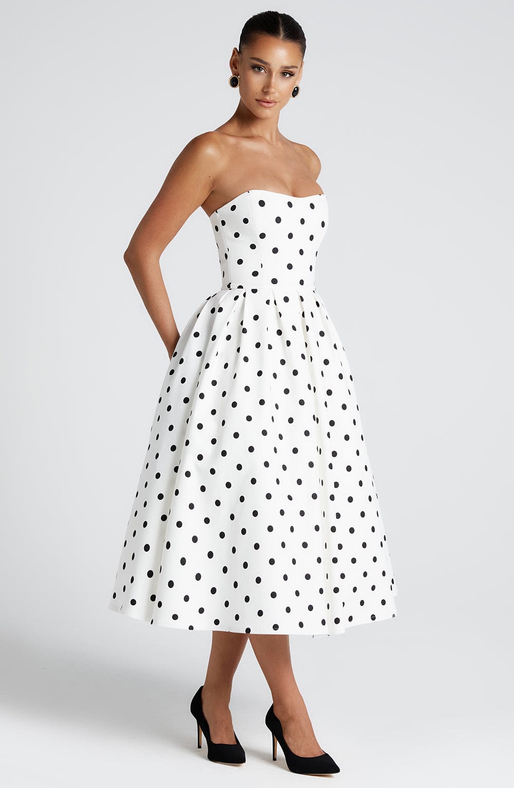 Women's Stretch Bengaline Midi Dress | Vintage Black Polka Dot Cocktail Dress 5