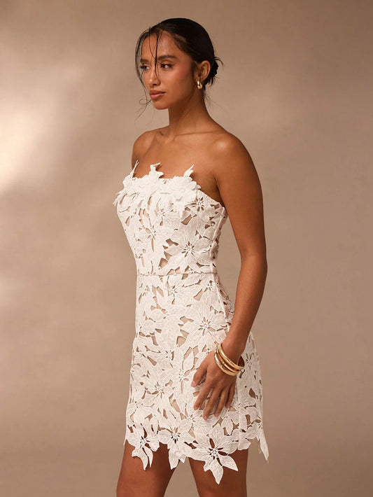 Women's White Mini Dress | Elegant 3D Floral Tube Top Cocktail Outfit