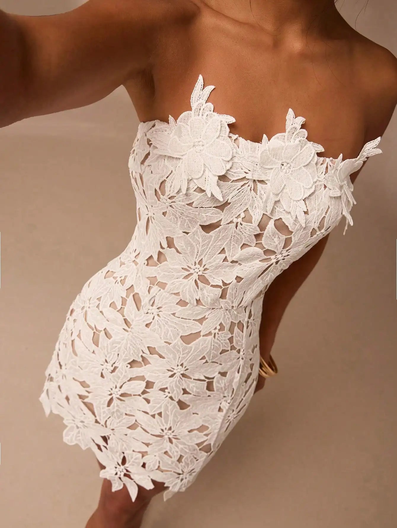 Women's White Mini Dress | Elegant 3D Floral Tube Top Cocktail Outfit