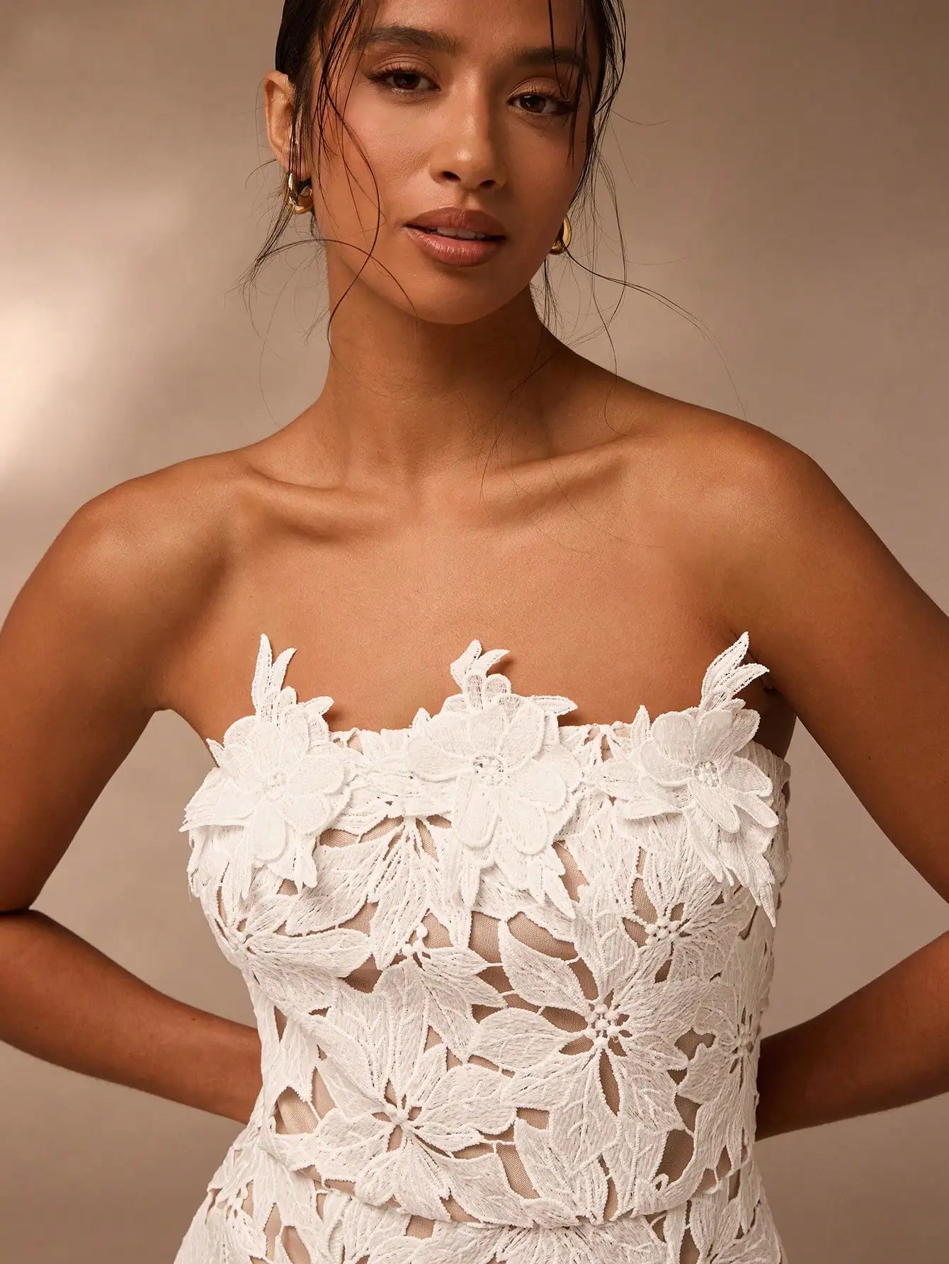 Women's White Mini Dress | Elegant 3D Floral Tube Top Cocktail Outfit