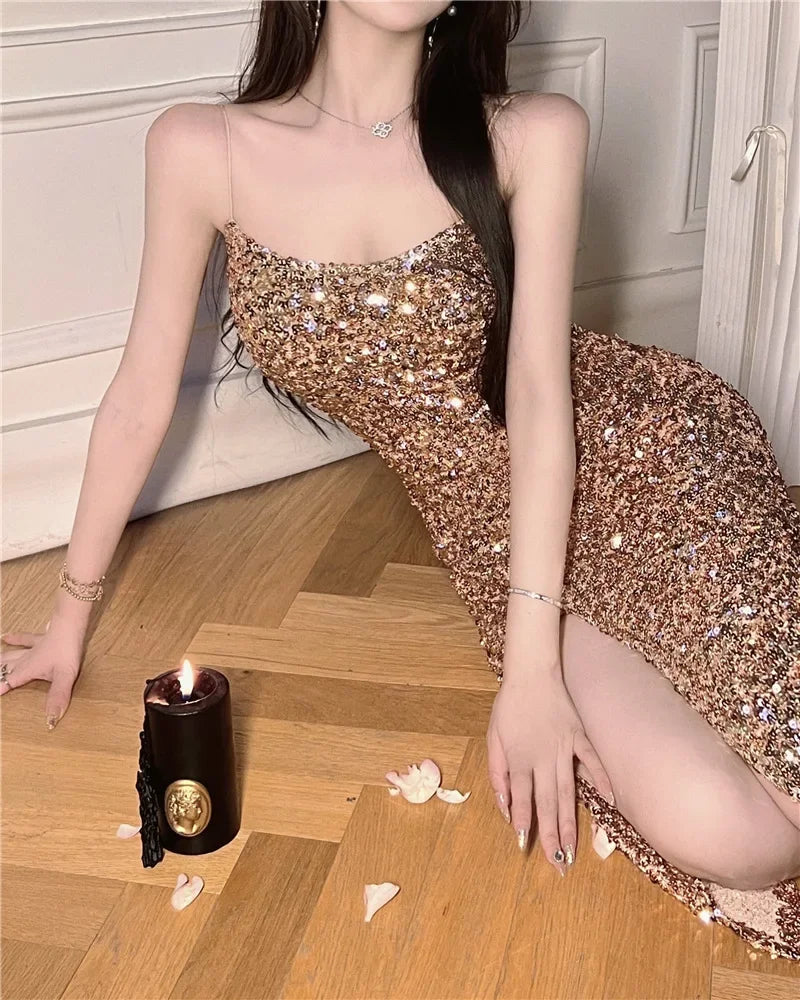 Gold Sequin Split Sexy Strapless Dress Slimming Shiny Birthday Dress Luxury Party Mini Dress Sleeveless Style from China