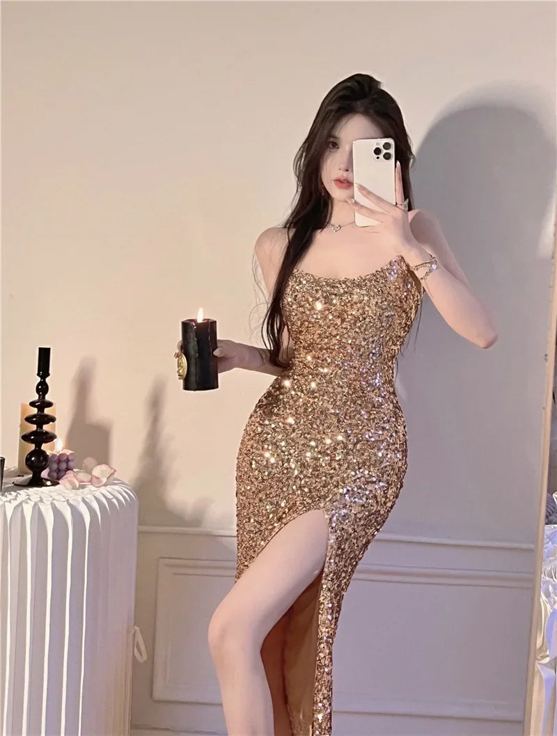 Gold Sequin Split Sexy Strapless Dress Slimming Shiny Birthday Dress Luxury Party Mini Dress Sleeveless Style from China