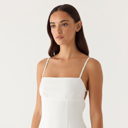 White Cotton Mini Dress – Bust-Gathered Straps