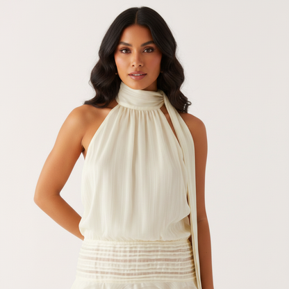 Ivory Chiffon Halter Mini Dress