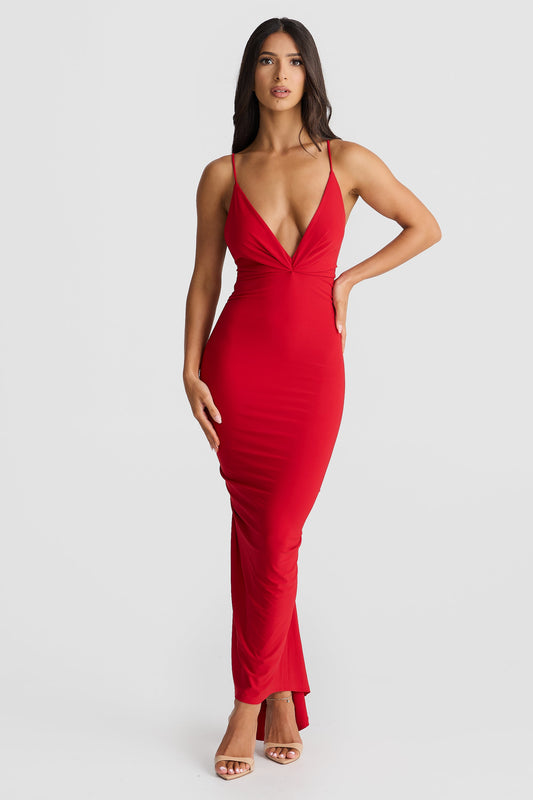 Red Plunging V-Neck Sleeveless Bodycon Maxi Dress