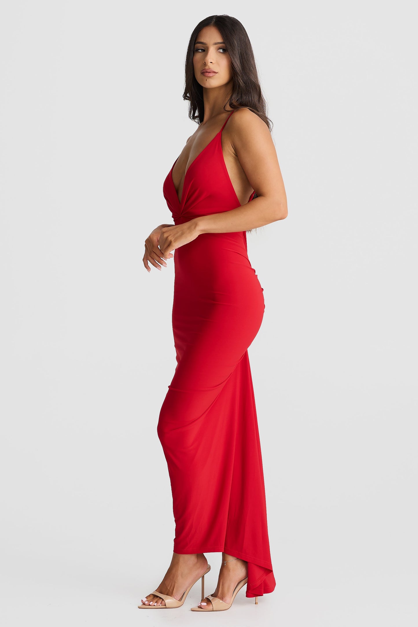 Red Plunging V-Neck Sleeveless Bodycon Maxi Dress
