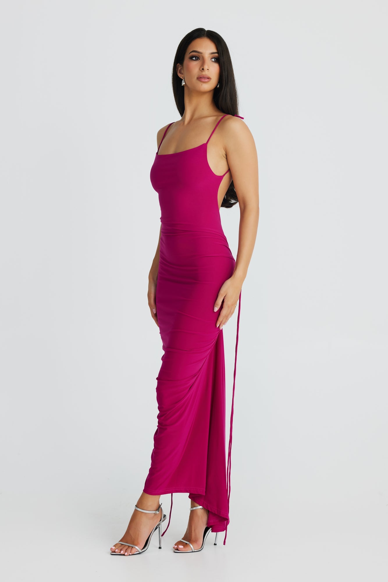 Magenta Ruched Bodycon Spaghetti Strap Midi Dress
