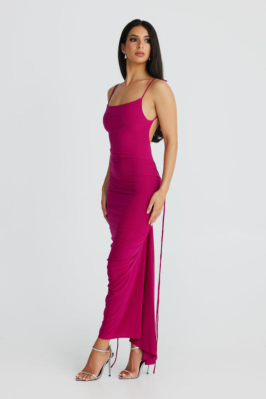 Magenta Ruched Bodycon Spaghetti Strap Midi Dress