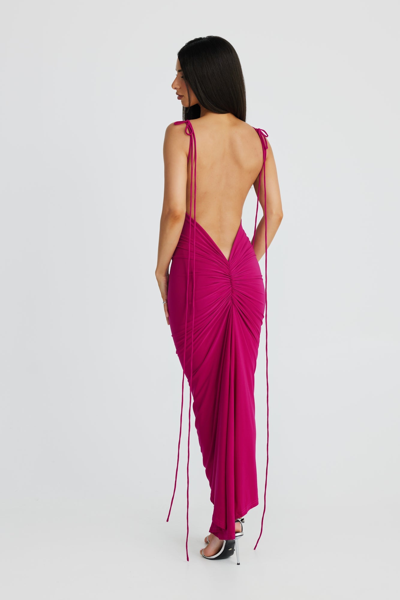 Magenta Ruched Bodycon Spaghetti Strap Midi Dress