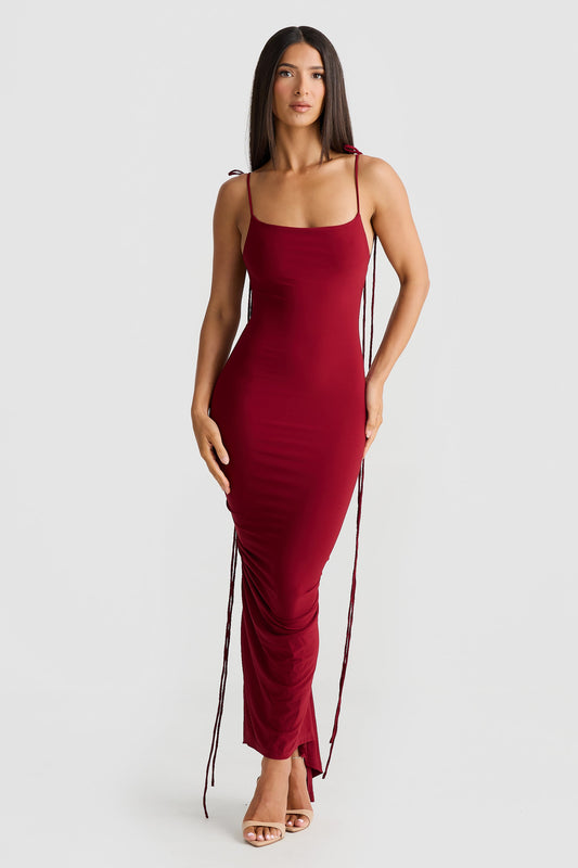 Burgundy Spaghetti Strap Tie Bodycon Midi Dress