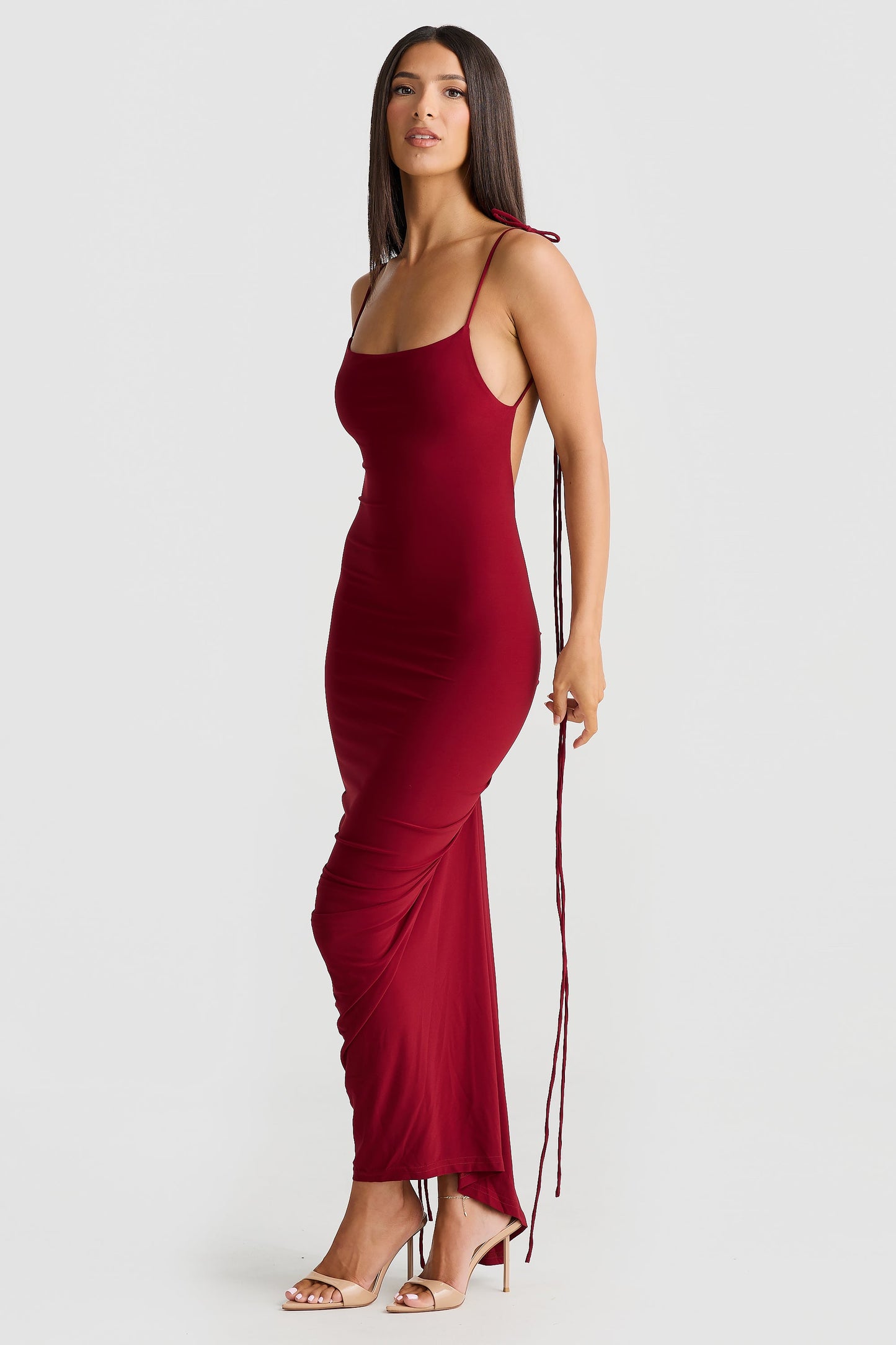 Burgundy Spaghetti Strap Tie Bodycon Midi Dress