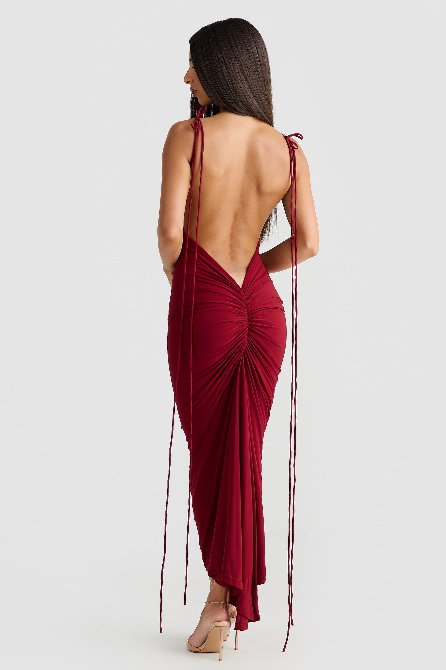 Burgundy Spaghetti Strap Tie Bodycon Midi Dress