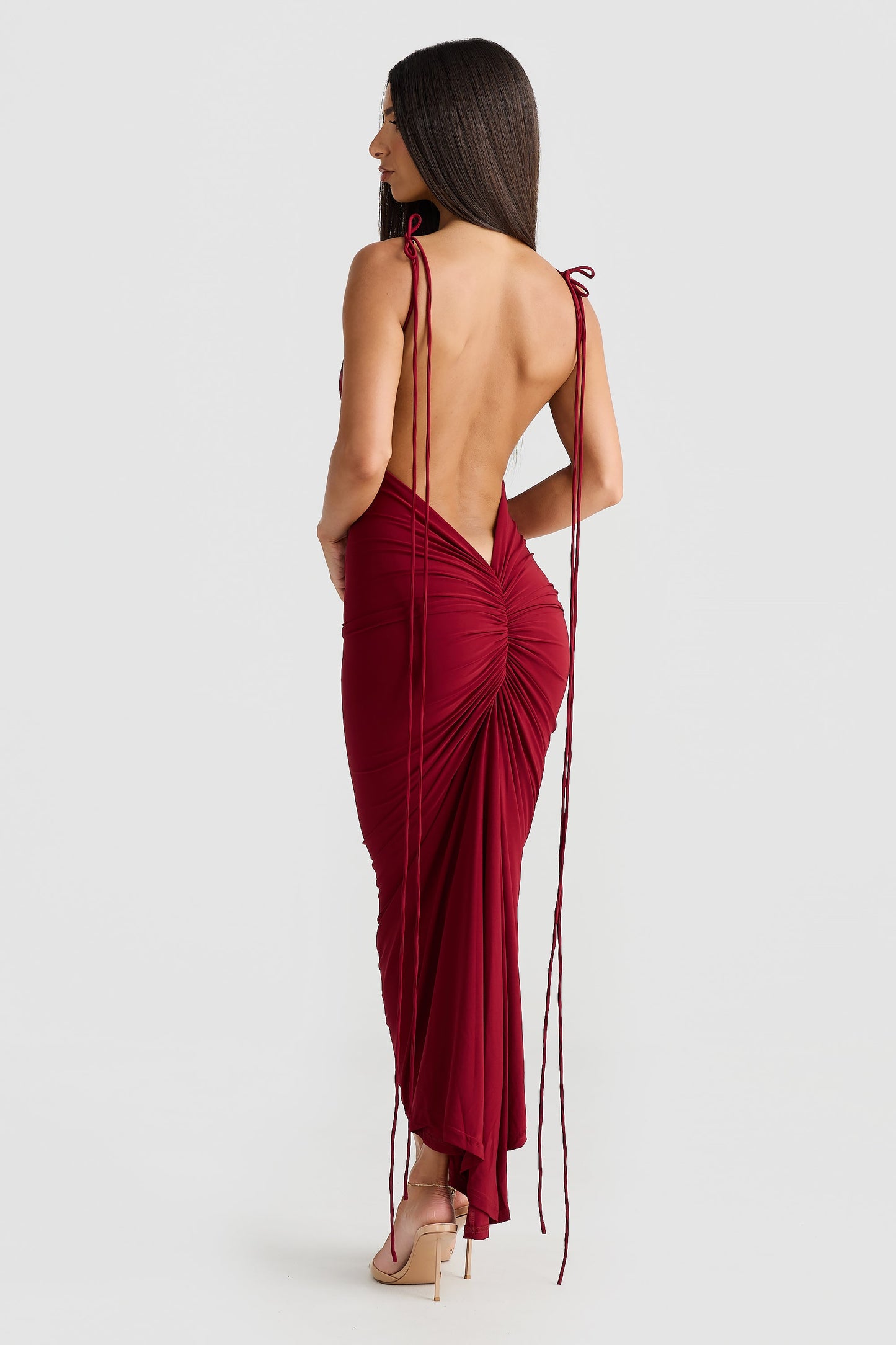 Burgundy Spaghetti Strap Tie Bodycon Midi Dress
