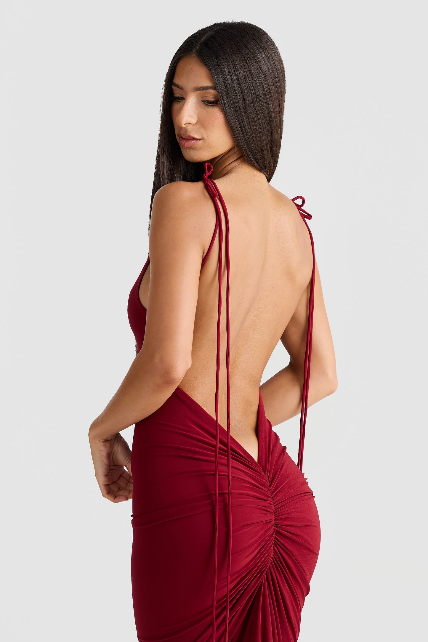 Burgundy Spaghetti Strap Tie Bodycon Midi Dress