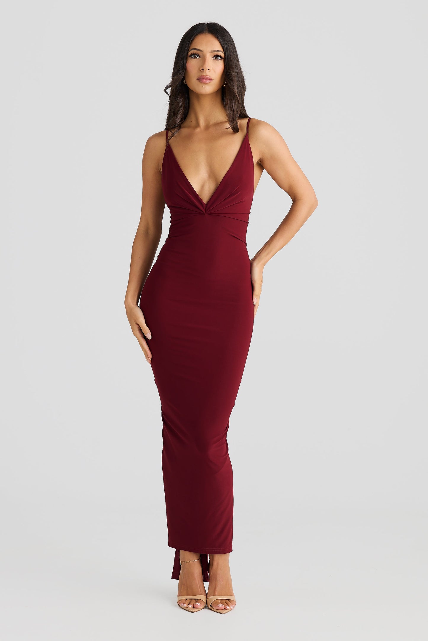 Burgundy Plunging Bodycon Midi Dress with Gathered Back