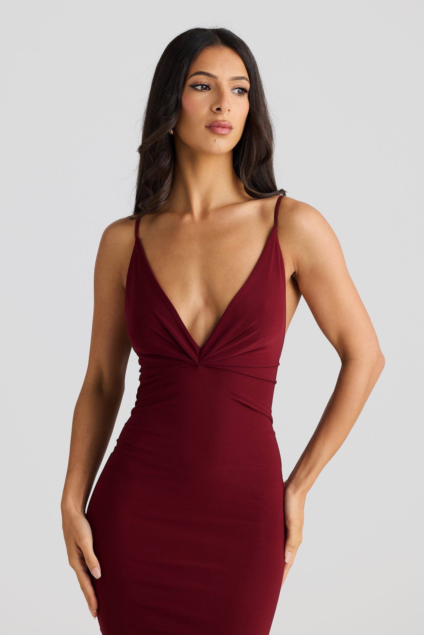 Burgundy Plunging Bodycon Midi Dress with Gathered Back
