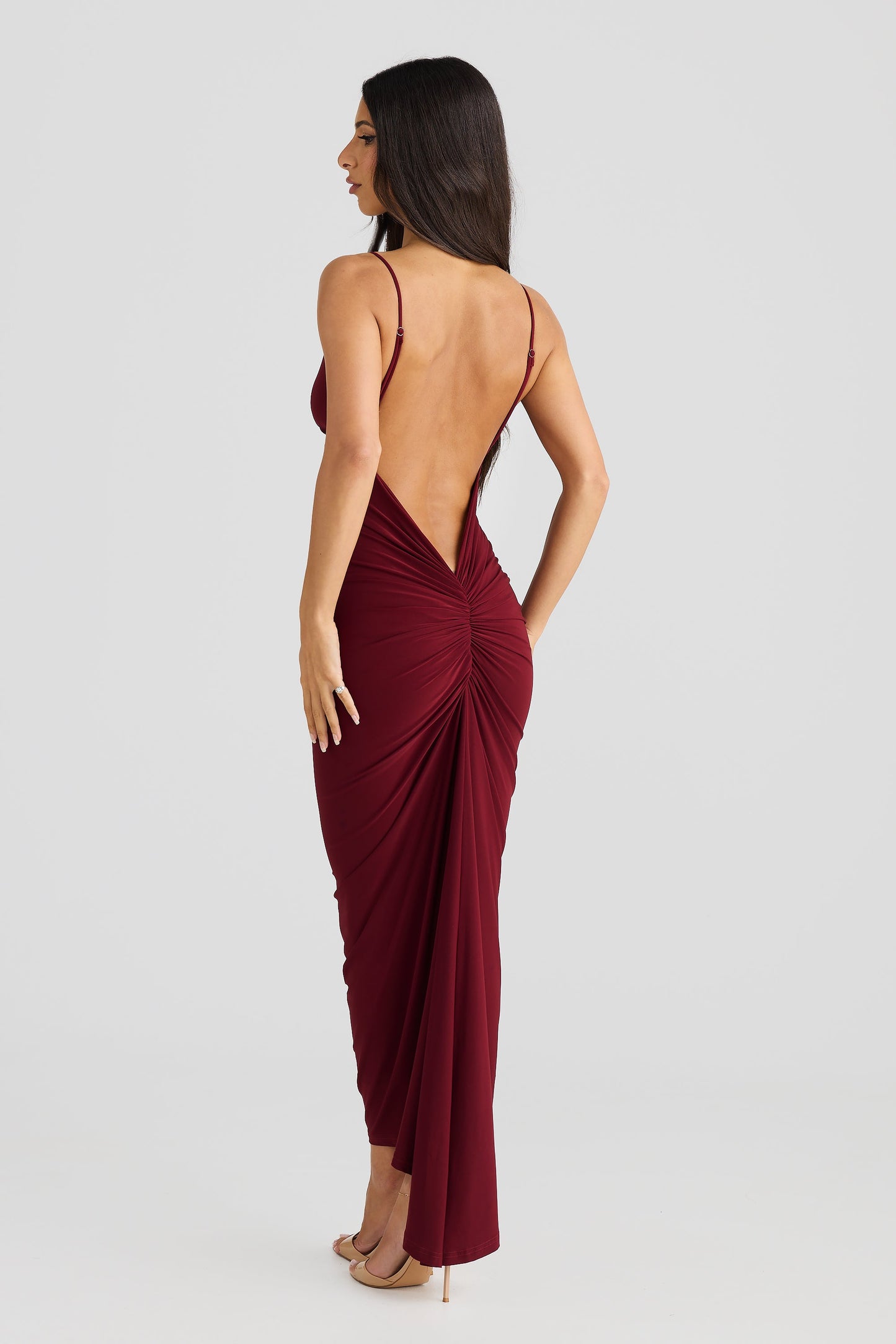 Burgundy Plunging Bodycon Midi Dress with Gathered Back