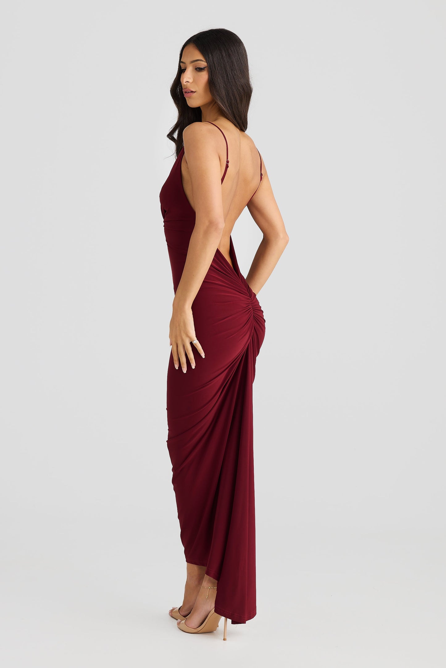 Burgundy Plunging Bodycon Midi Dress with Gathered Back