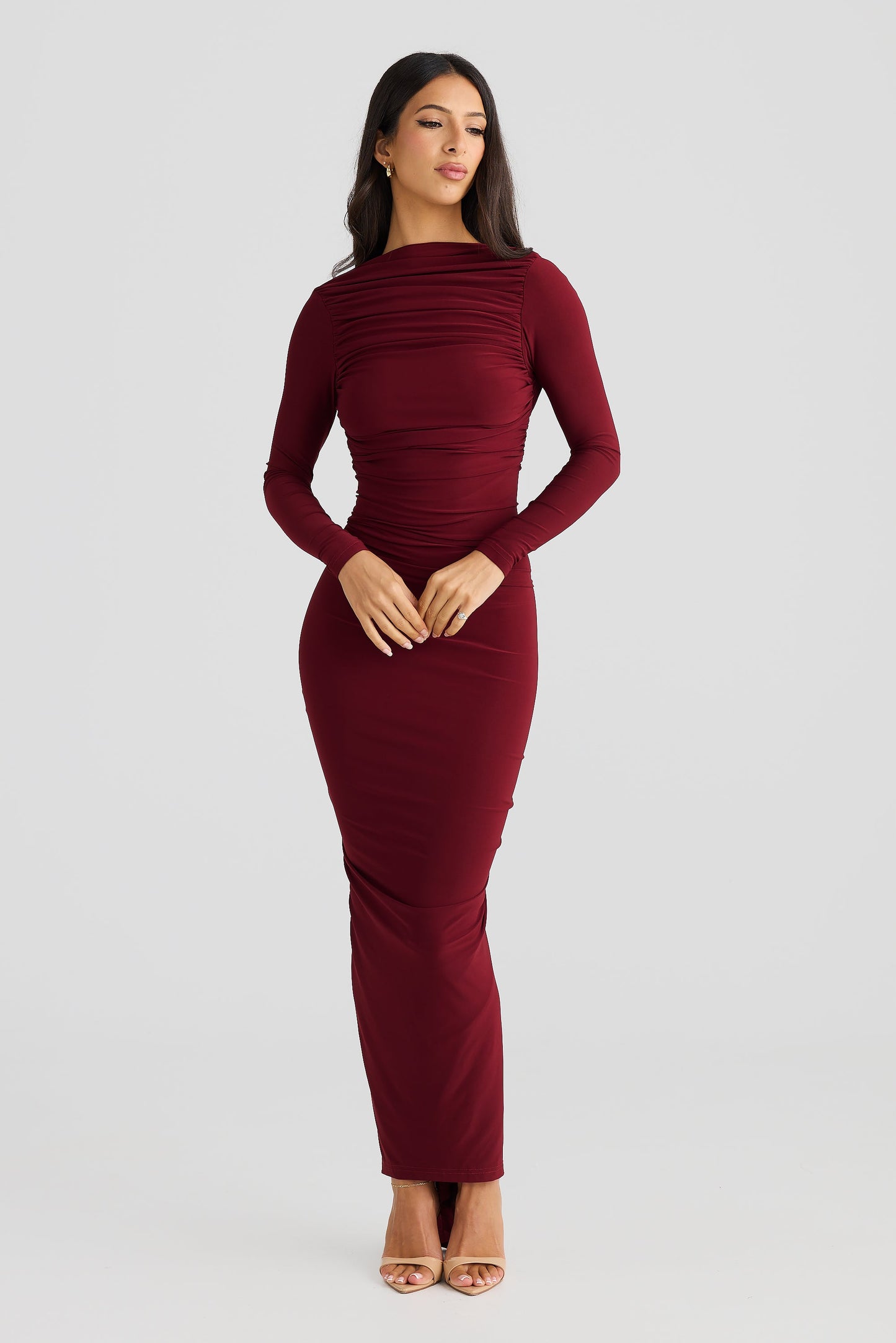 Burgundy Long Sleeve High Neck Ruched Bodycon Midi Dress
