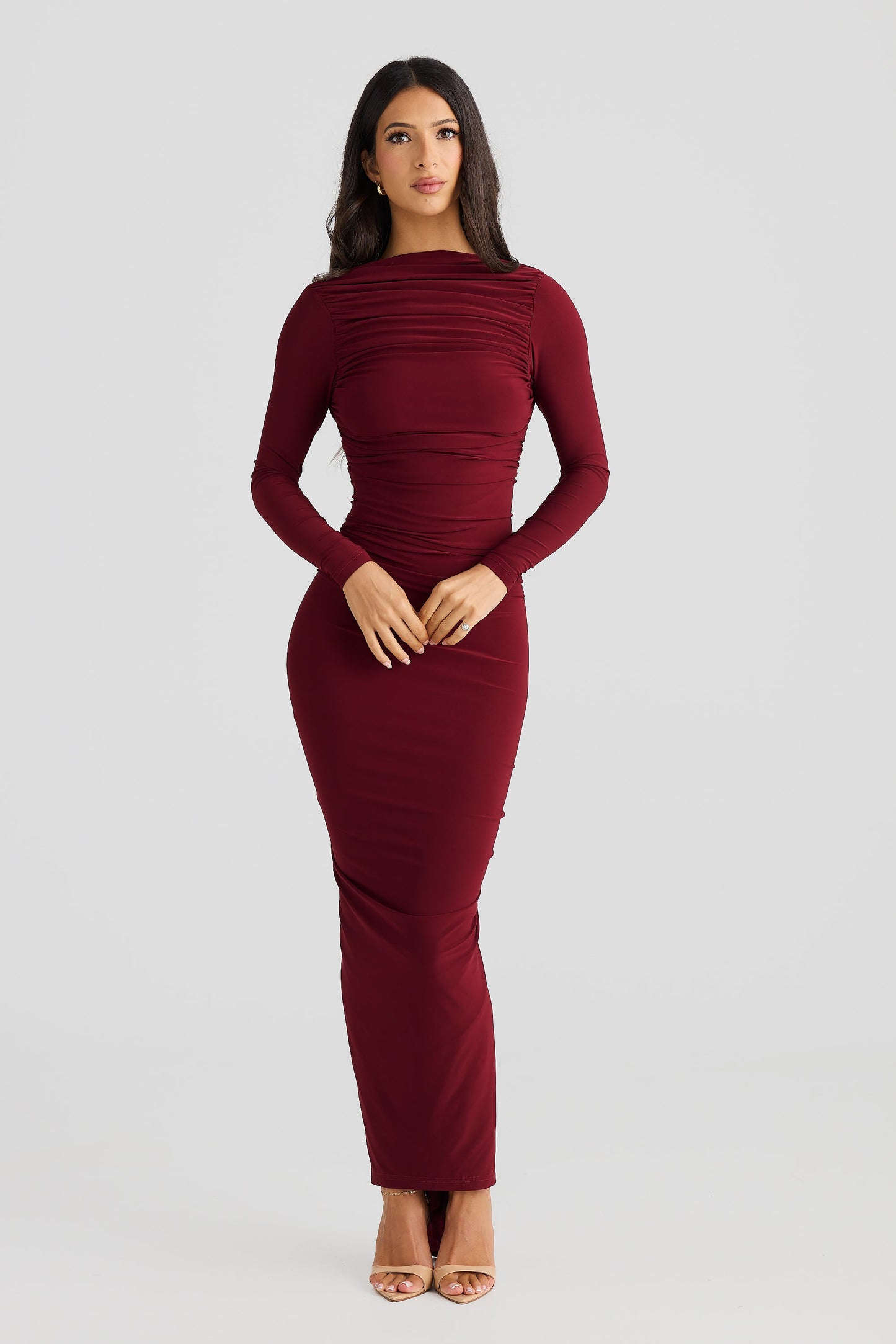 Burgundy Long Sleeve High Neck Ruched Bodycon Midi Dress