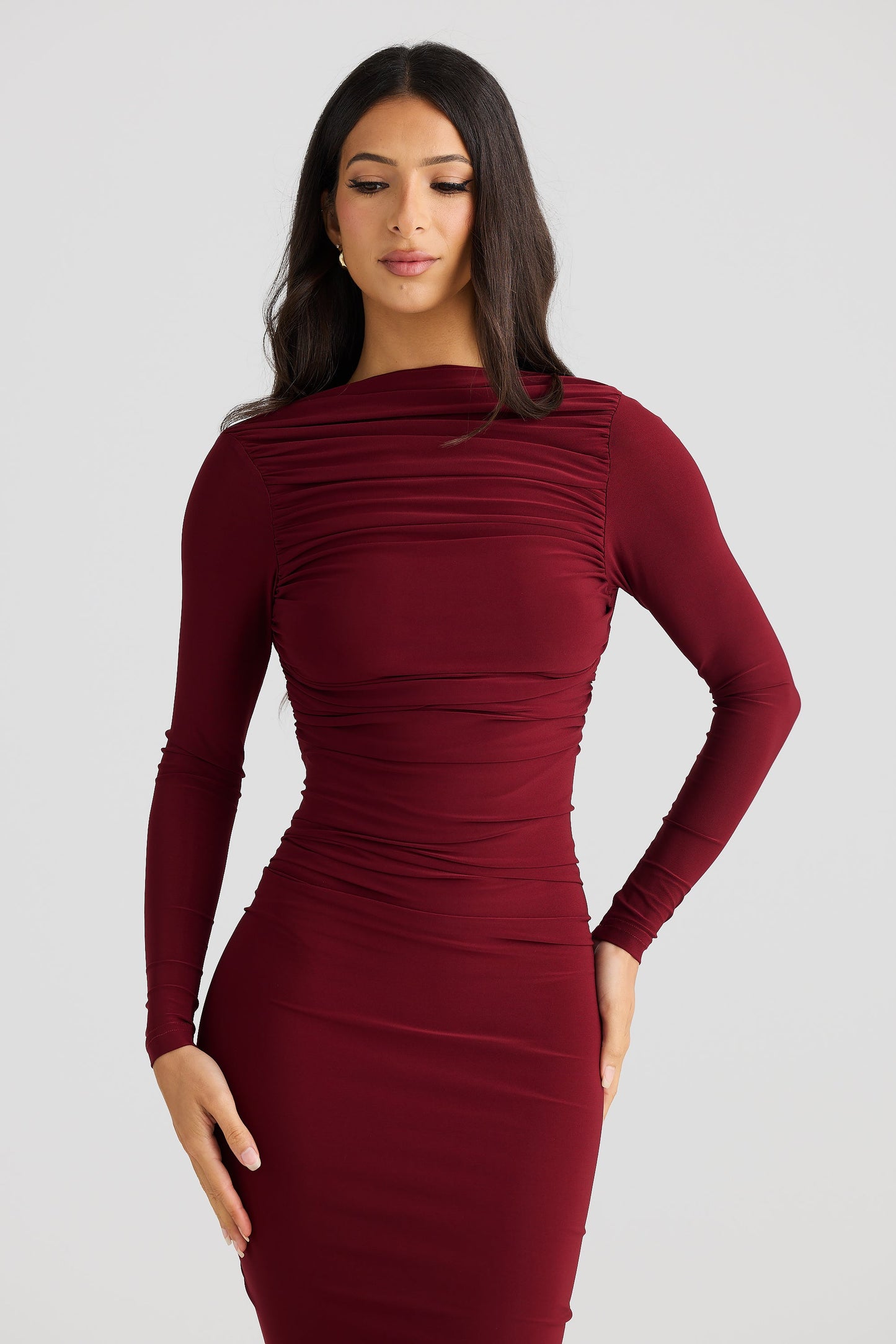 Burgundy Long Sleeve High Neck Ruched Bodycon Midi Dress