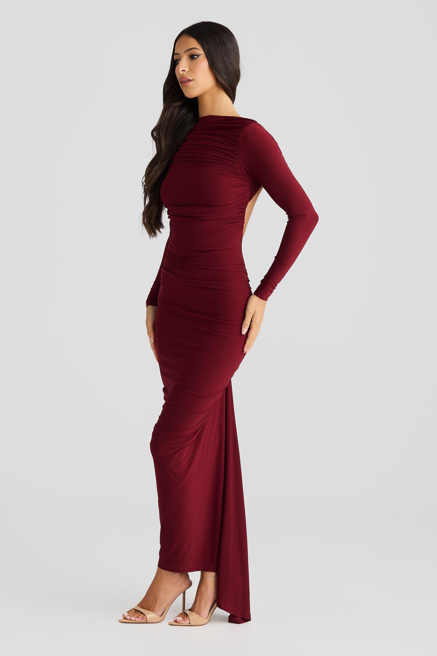 Burgundy Long Sleeve High Neck Ruched Bodycon Midi Dress