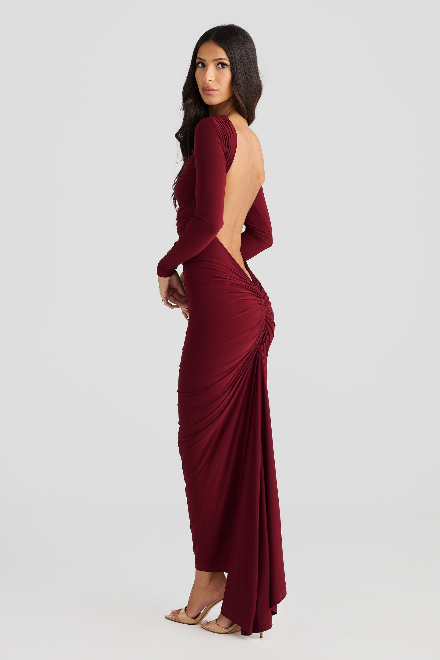 Burgundy Long Sleeve High Neck Ruched Bodycon Midi Dress