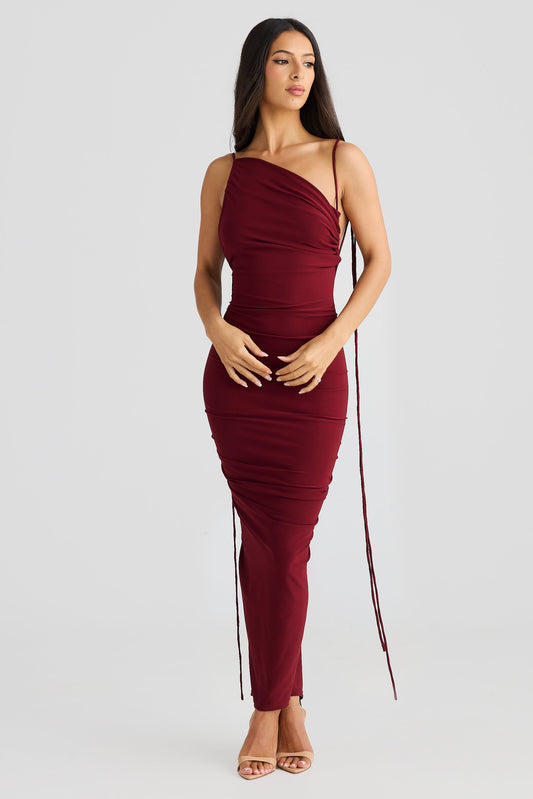 Burgundy One-Shoulder Ruched Bodycon Midi Dress with Side Tie Detail