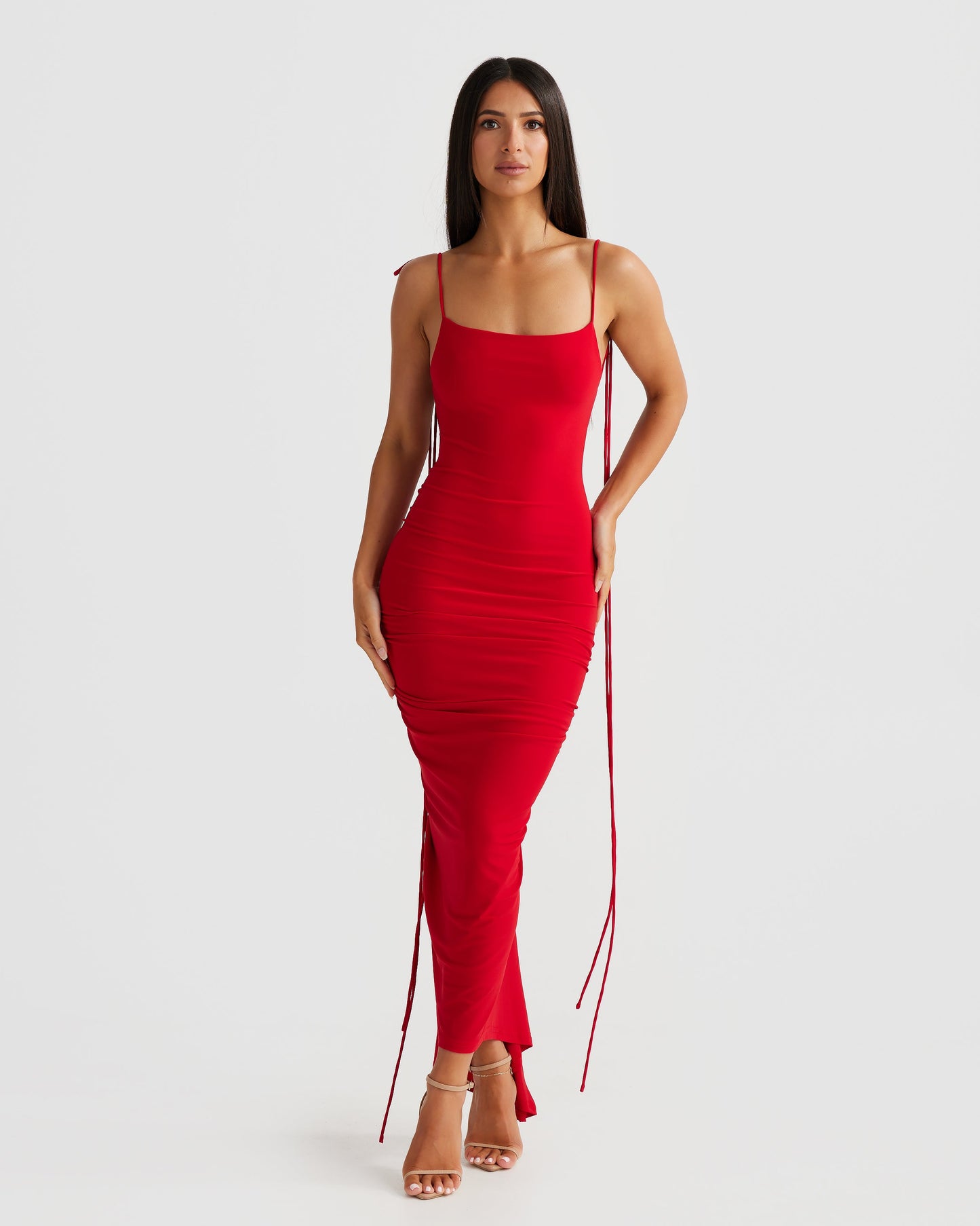 Red Spaghetti Strap Scoop Neck Ruched Bodycon Midi Dress