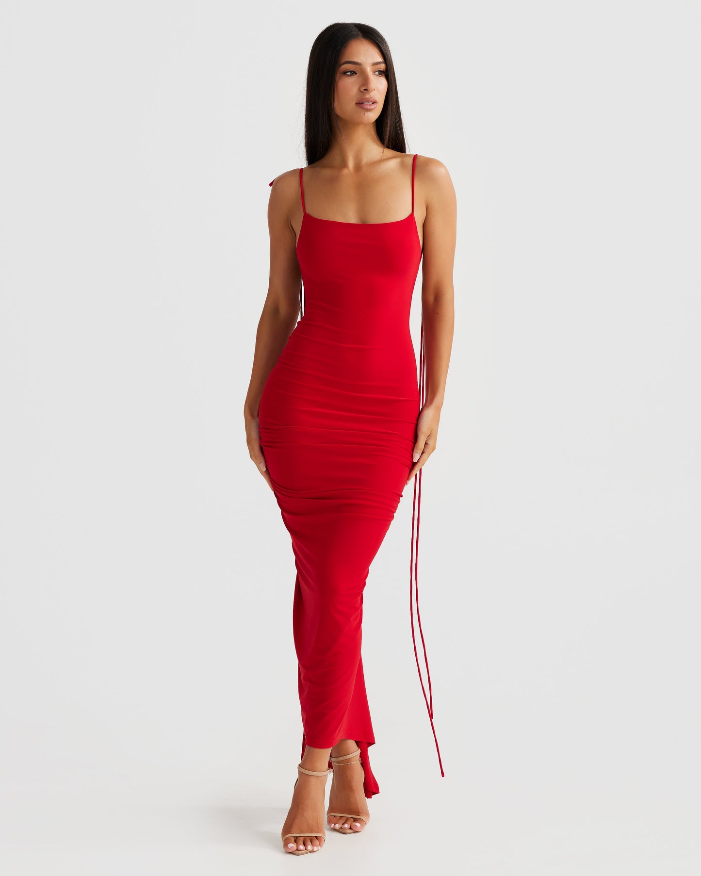 Red Spaghetti Strap Scoop Neck Ruched Bodycon Midi Dress