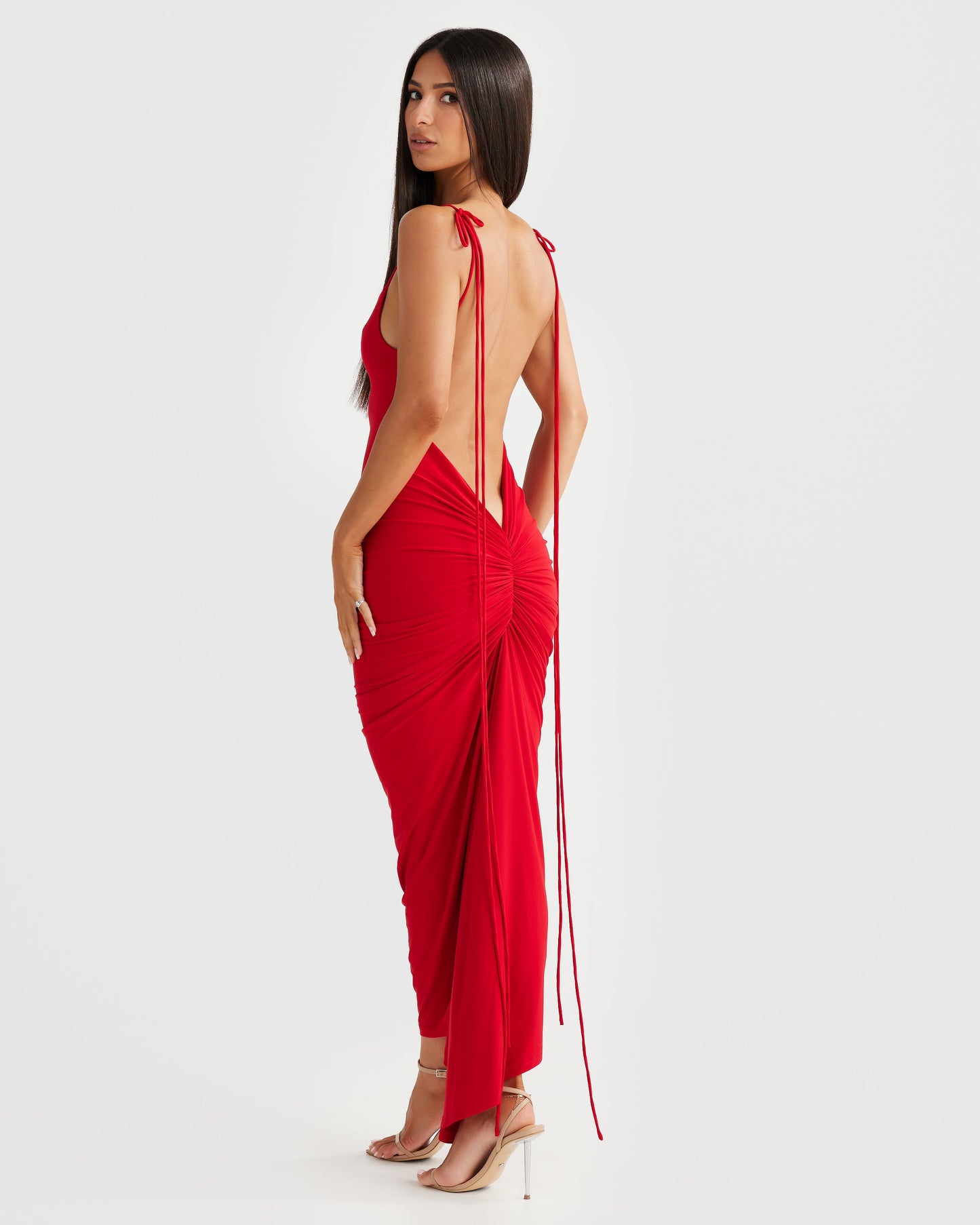 Red Spaghetti Strap Scoop Neck Ruched Bodycon Midi Dress