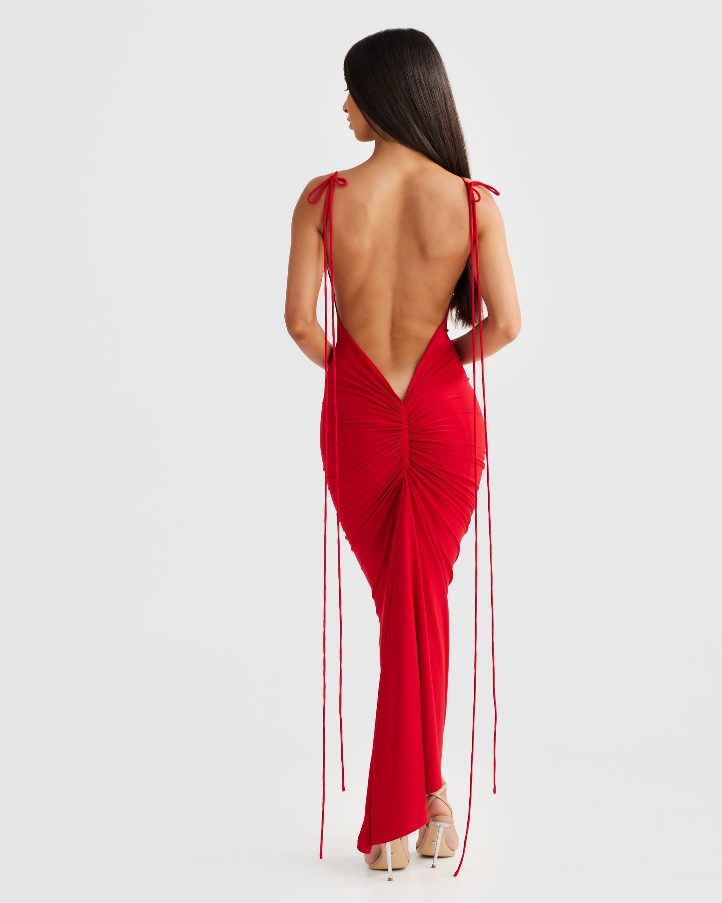 Red Spaghetti Strap Scoop Neck Ruched Bodycon Midi Dress