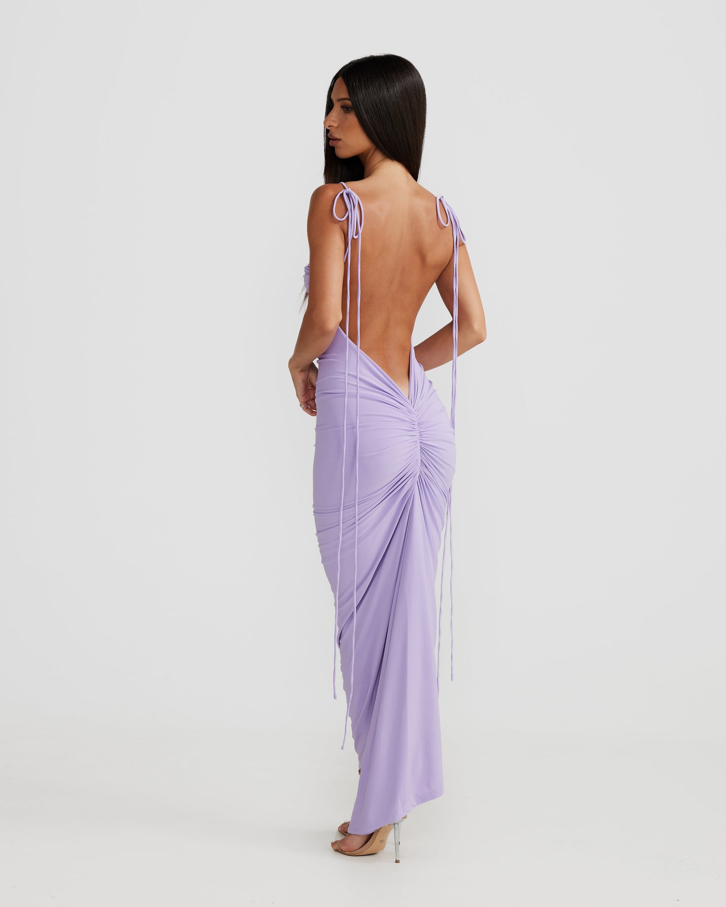 Lavender One-Shoulder Ruched Bodycon Midi Dress