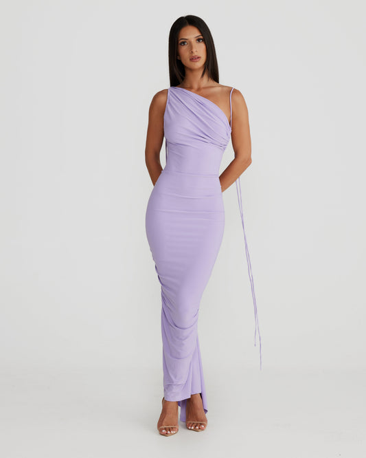 Lavender One-Shoulder Ruched Bodycon Midi Dress