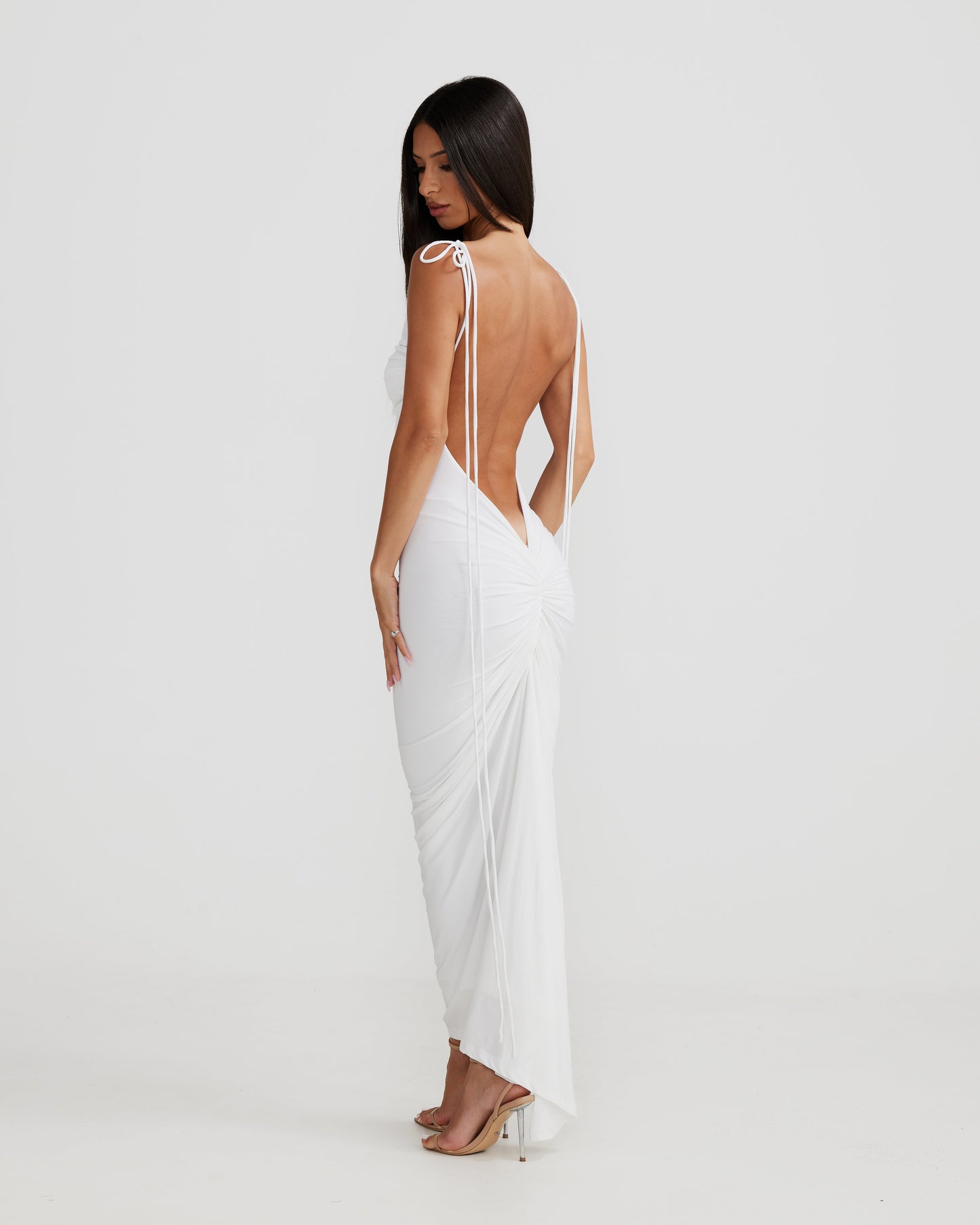 White Spaghetti Strap Ruched Bodycon Maxi Dress