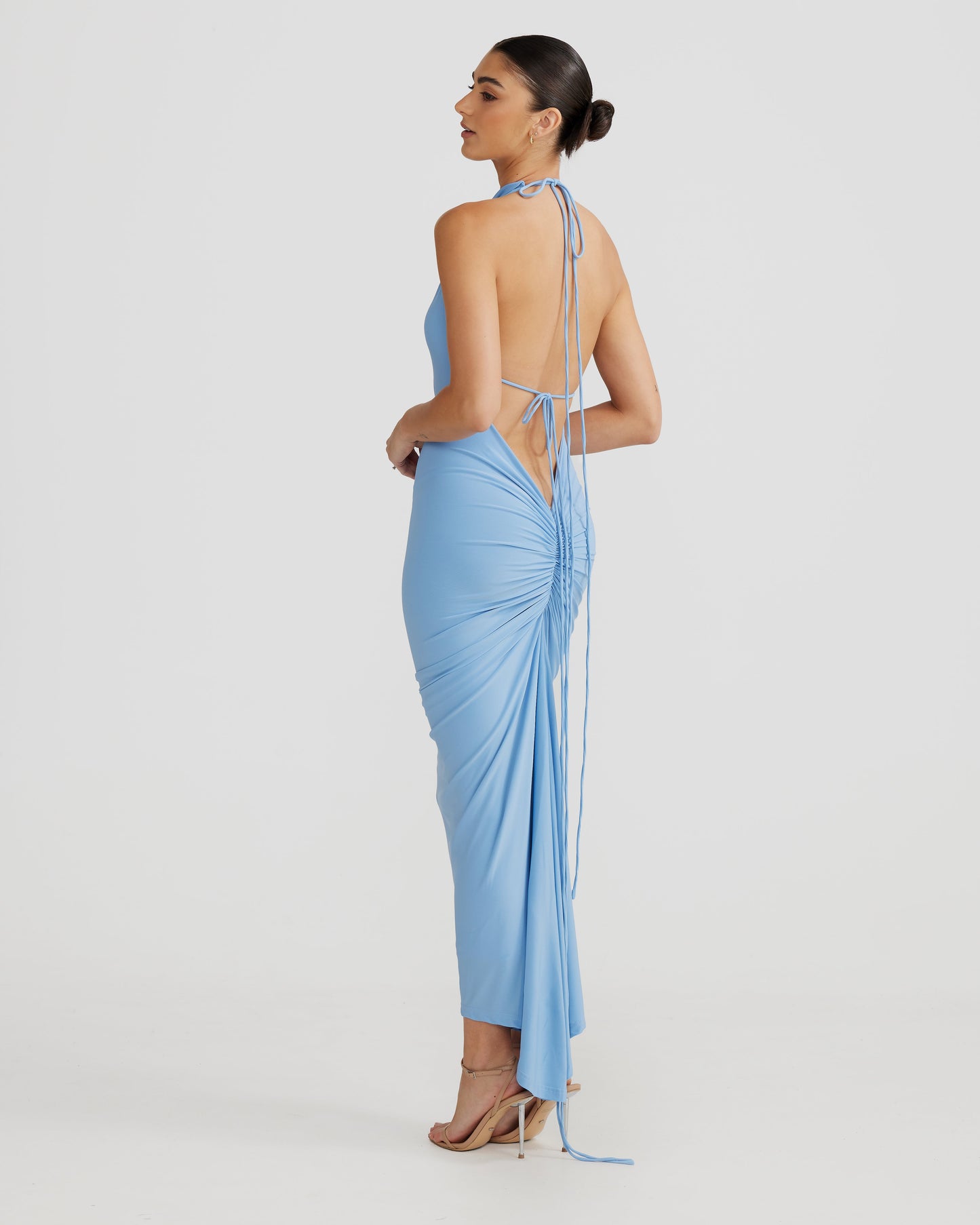 Baby Blue Ruched Spaghetti Strap Midi Dress