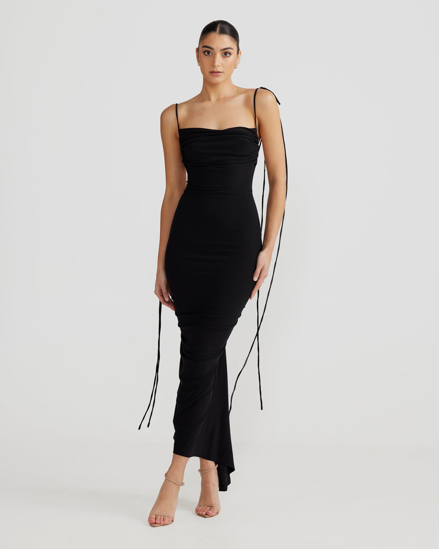 Black Sleeveless Bodycon Midi Dress with Sheer Spaghetti Straps and Ruched Detail