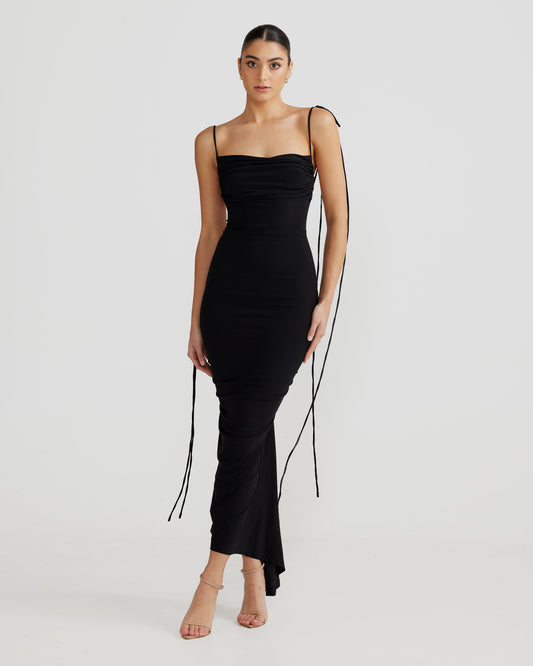 Black Sleeveless Bodycon Midi Dress with Sheer Spaghetti Straps and Ruched Detail