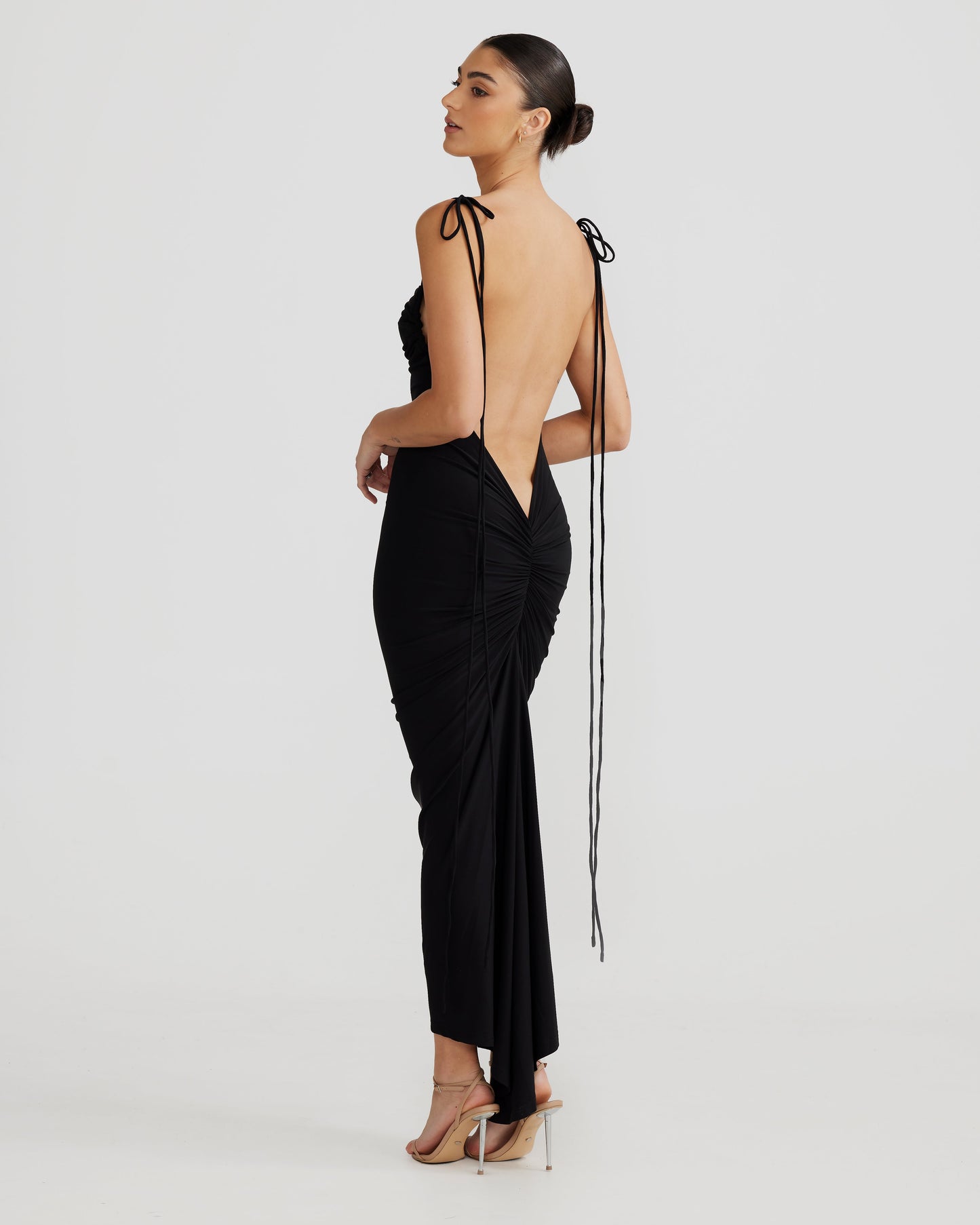 Black Sleeveless Bodycon Midi Dress with Sheer Spaghetti Straps and Ruched Detail