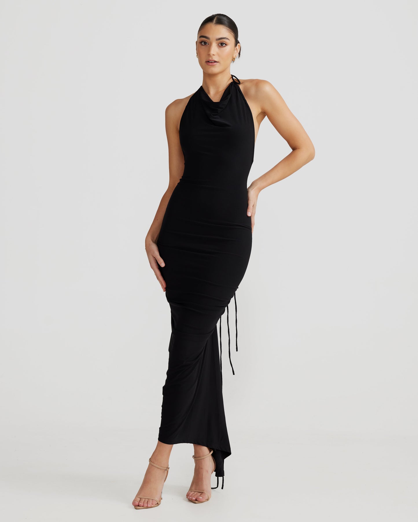 Black Sleeveless Bodycon Midi Dress with Sheer Spaghetti Straps and Ruched Detail