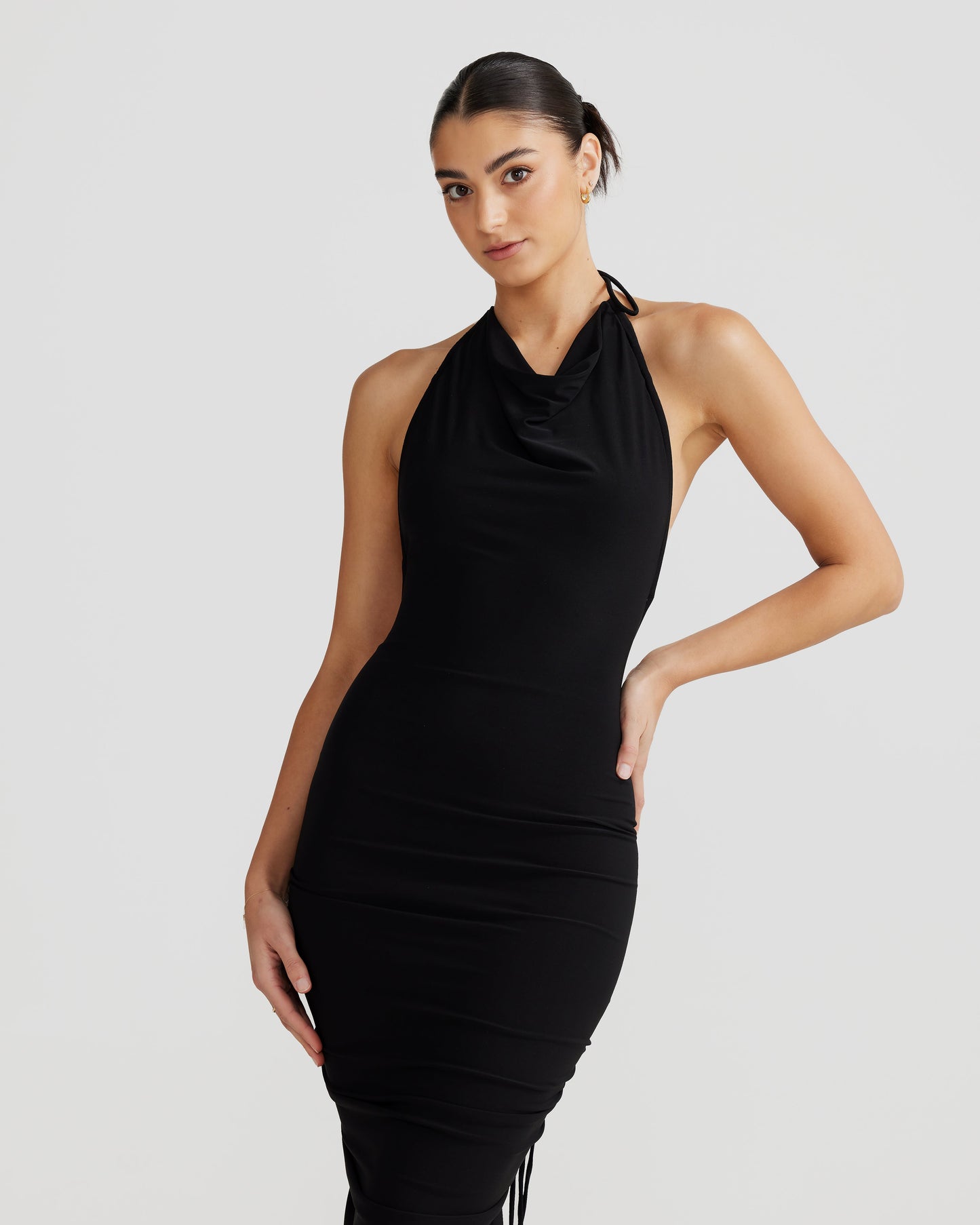 Black Sleeveless Bodycon Midi Dress with Sheer Spaghetti Straps and Ruched Detail